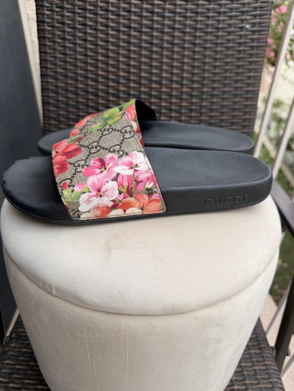 Gucci Floral Monogram Slide Sandals in Black with Pink and Green Accents - Picture 3 of 12